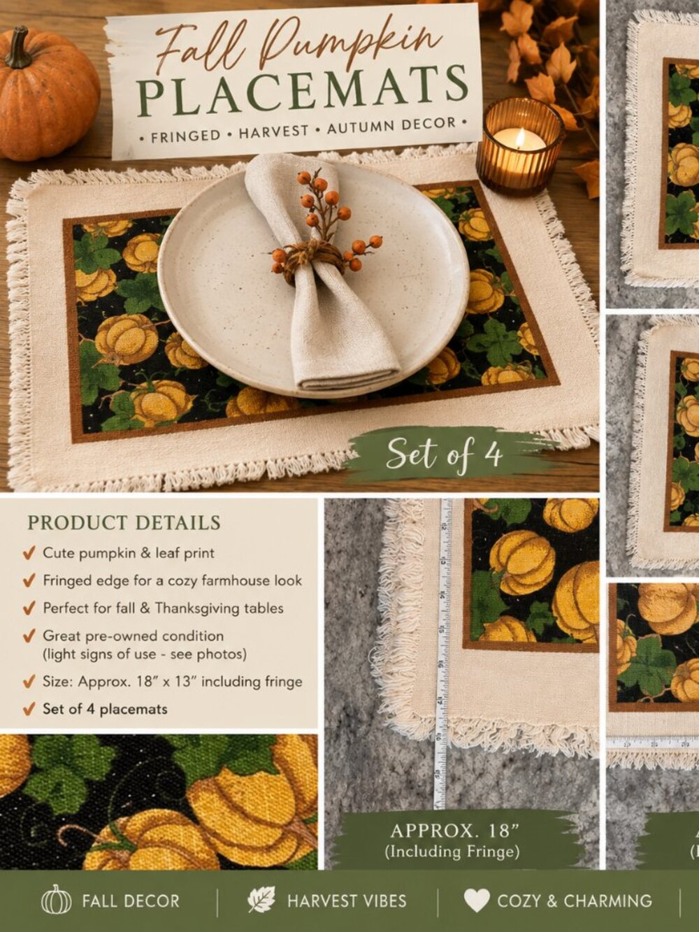 Fall Pumpkin Placemats Set – Fringed Harvest Autumn Table Decor